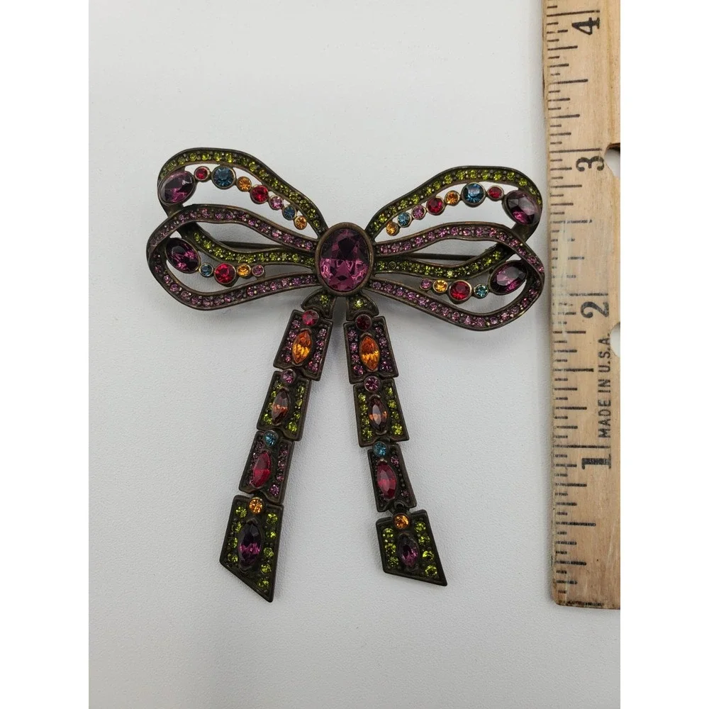 Vtg Heidi Daus Mult Color Crystal Articulated Bow Estate Brooch Pin